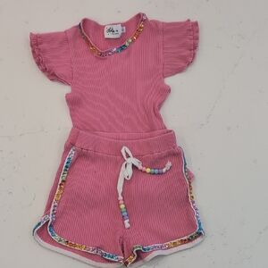 Lola + The Boys Pink Ribbed Shorts Set with Beaded Trim